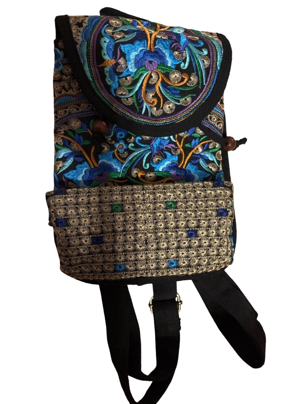 Source Unknown Black Embroidered Floral Backpack with Blue & Green Accents